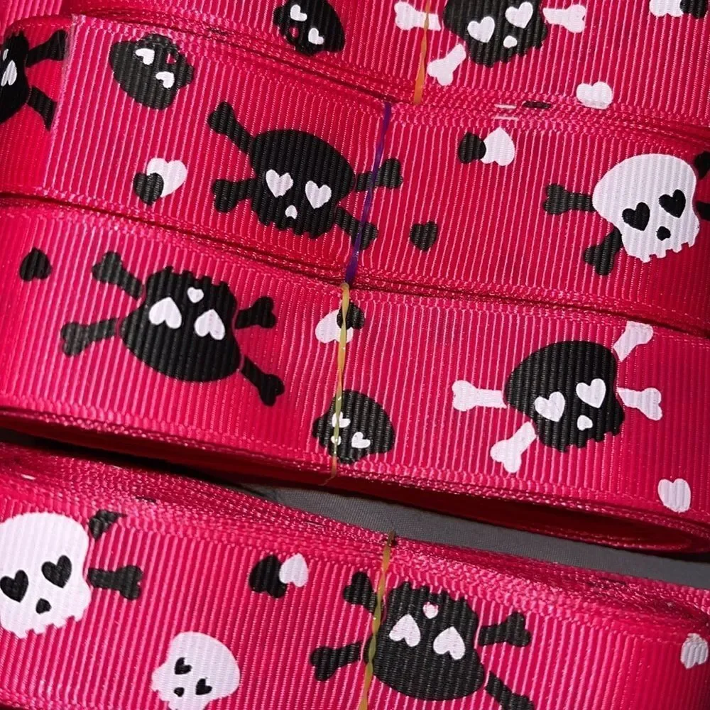 Grosgrain Ribbon 7/8” 5 yards 5/$20 skulls heart eyes Jolly Roger hot pink black